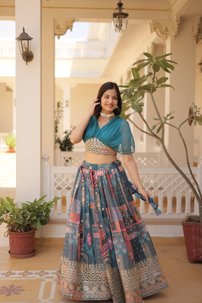 Premium Designer Russian Silk Lehenga Choli – Rich Digital Print & Foil Embroidery – Available in Rama