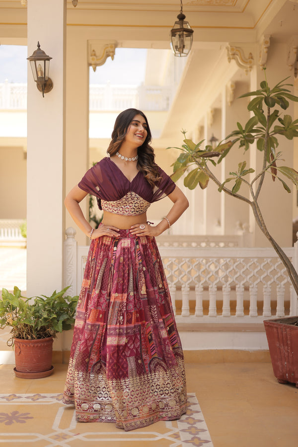 Premium Designer Russian Silk Lehenga Choli – Rich Digital Print & Foil Embroidery – Available in Wine