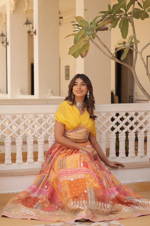 Premium Designer Russian Silk Lehenga Choli – Rich Digital Print & Foil Embroidery – Available in Yellow