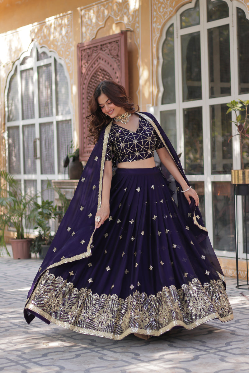 Premium Dark Purple Rangoli Silk Lehenga Choli with Embroidered Dupatta – Designer Elegance