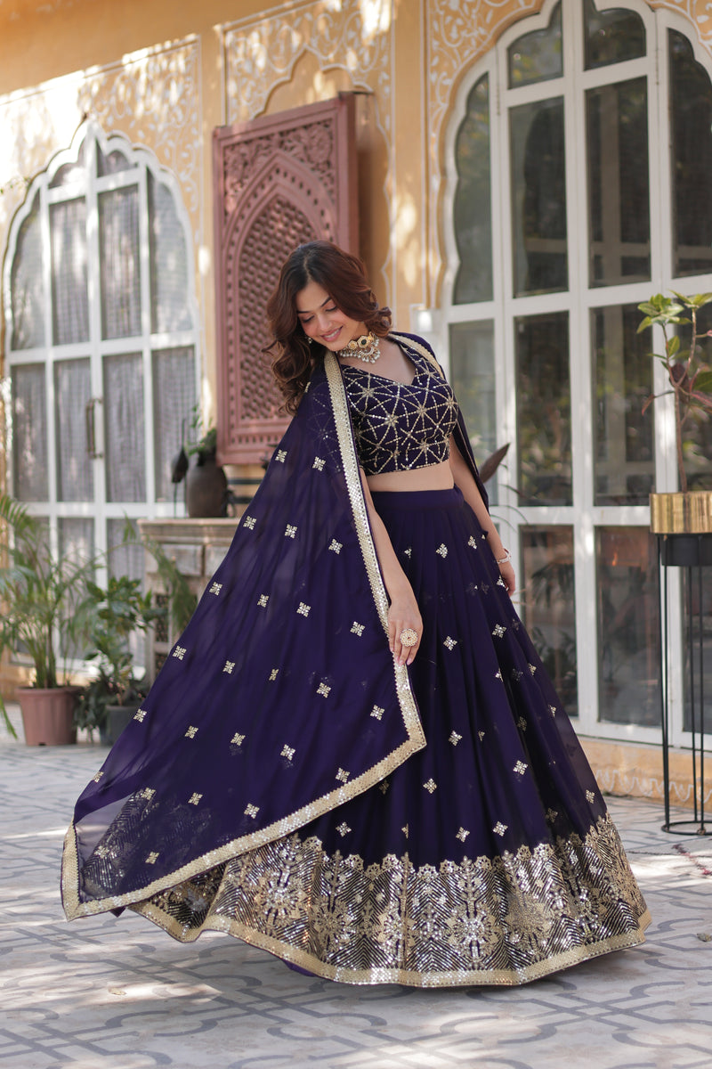 Premium Dark Purple Rangoli Silk Lehenga Choli with Embroidered Dupatta – Designer Elegance