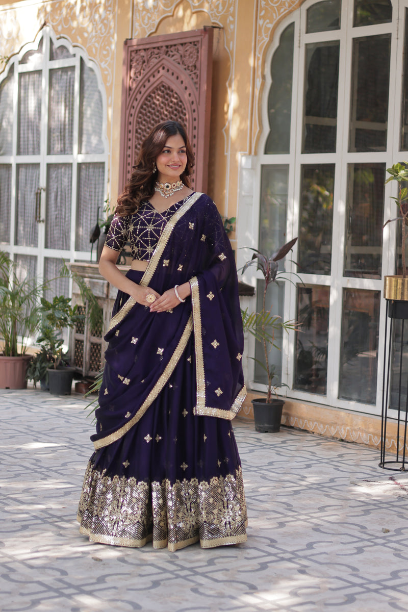 Premium Dark Purple Rangoli Silk Lehenga Choli with Embroidered Dupatta – Designer Elegance