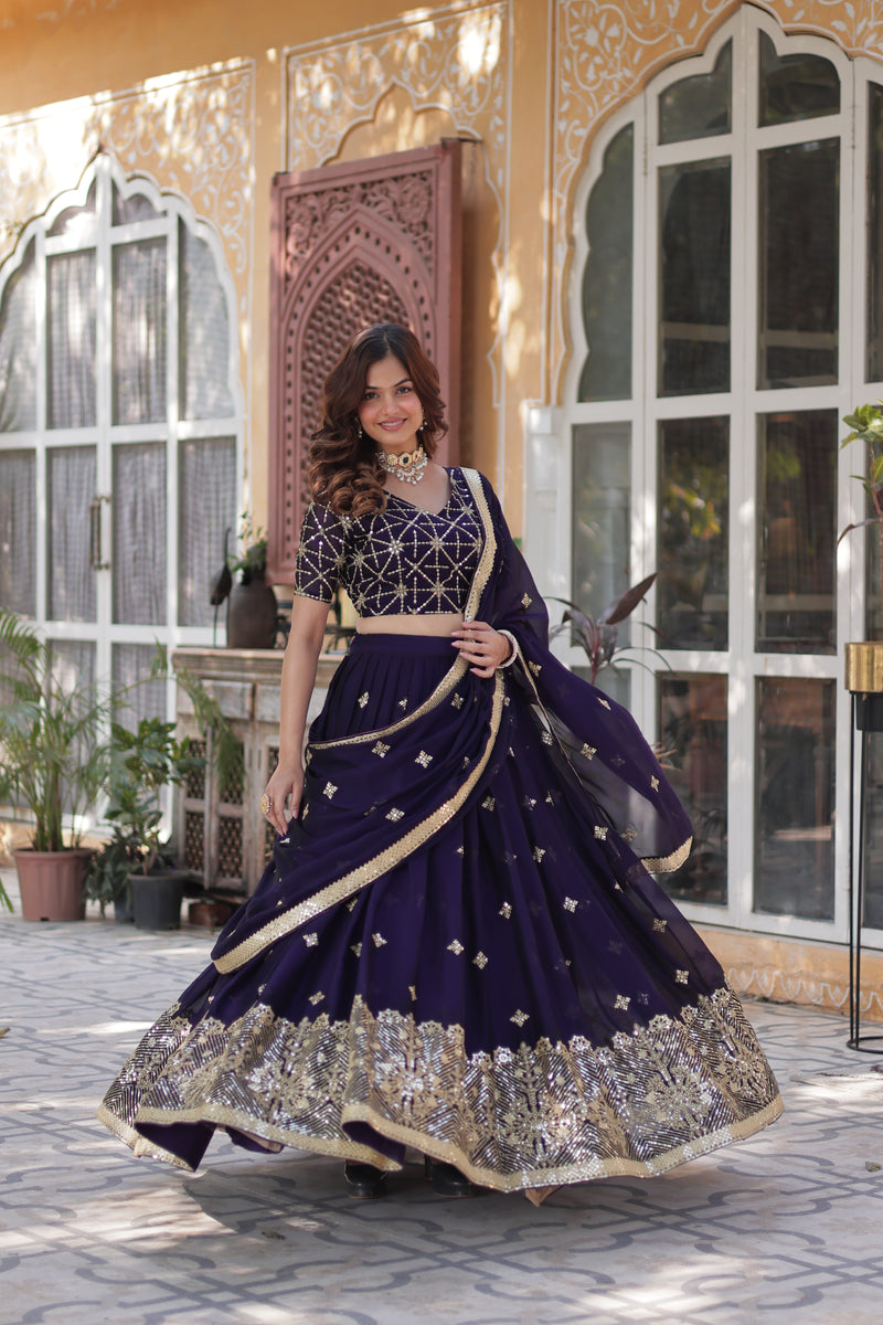 Premium Dark Purple Rangoli Silk Lehenga Choli with Embroidered Dupatta – Designer Elegance