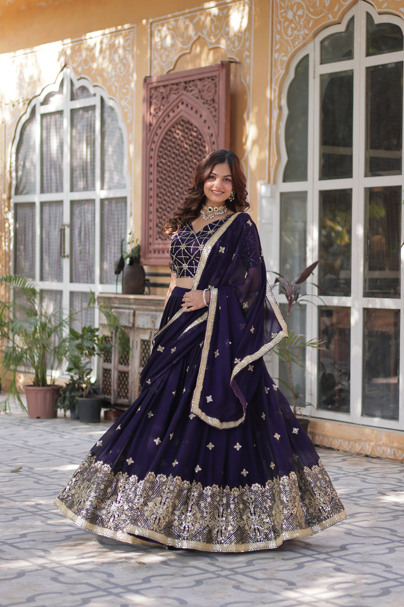 Premium Dark Purple Rangoli Silk Lehenga Choli with Embroidered Dupatta – Designer Elegance