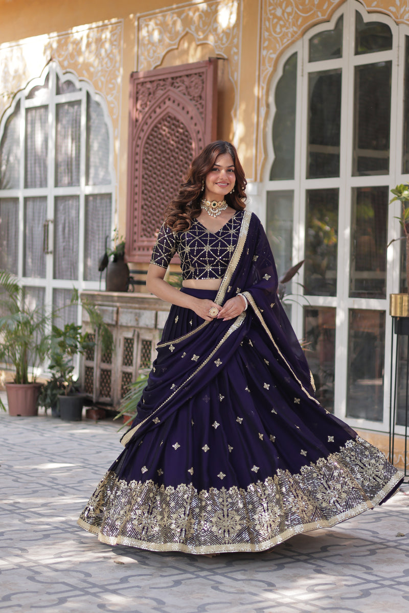 Premium Dark Purple Rangoli Silk Lehenga Choli with Embroidered Dupatta – Designer Elegance