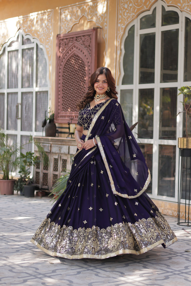 Premium Dark Purple Rangoli Silk Lehenga Choli with Embroidered Dupatta – Designer Elegance