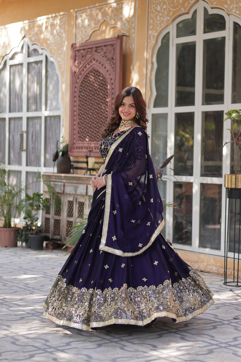 Premium Dark Purple Rangoli Silk Lehenga Choli with Embroidered Dupatta – Designer Elegance