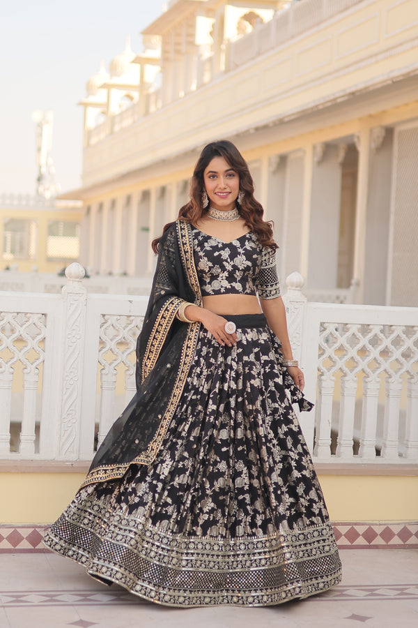 Premium Black Pure Viscose Jacquard Lehenga with Sequins Embroidered Dupatta – Fully Flared