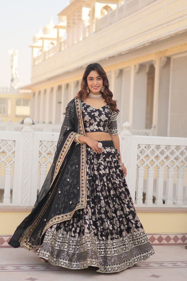 Premium Black Pure Viscose Jacquard Lehenga with Sequins Embroidered Dupatta – Fully Flared