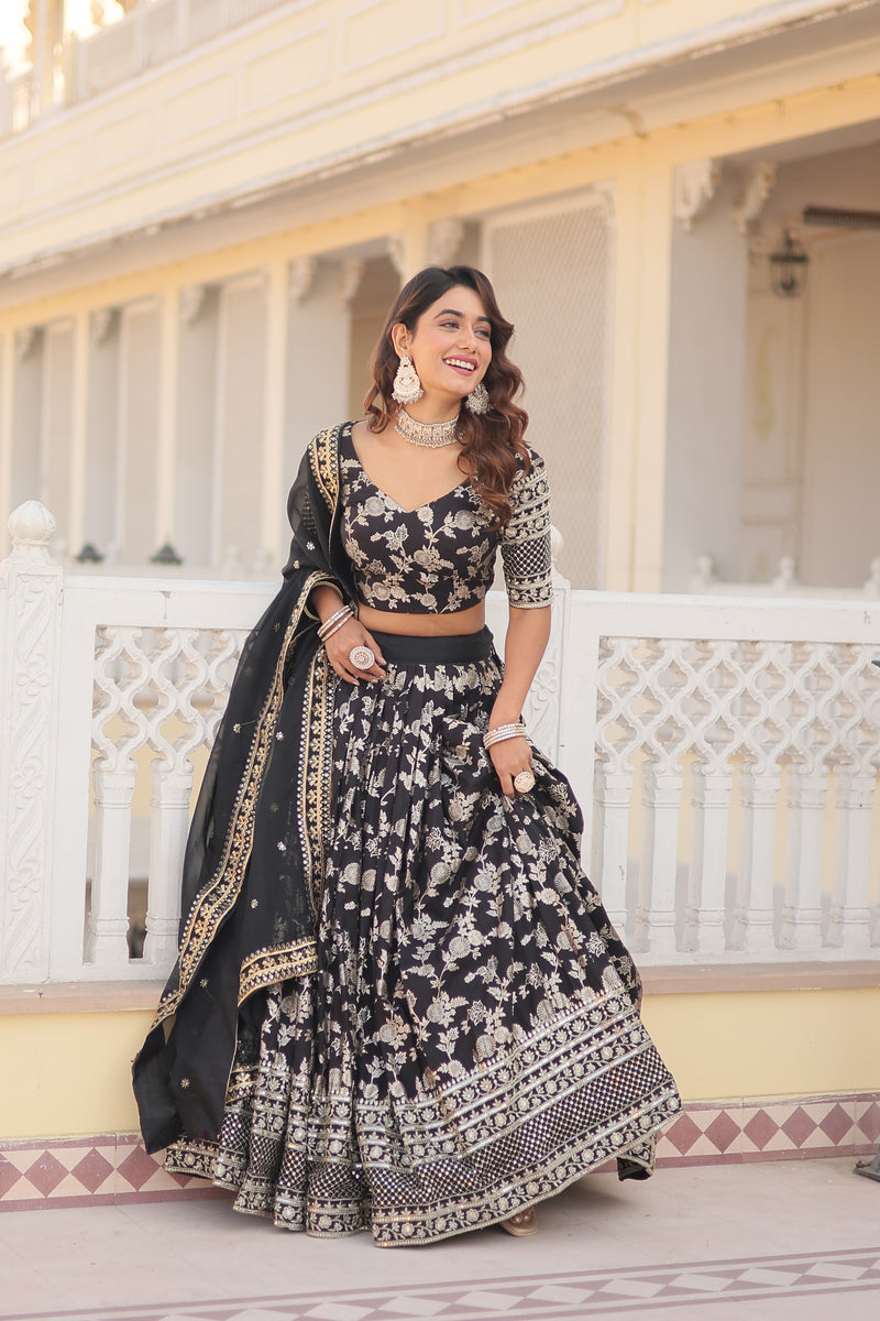 Premium Black Pure Viscose Jacquard Lehenga with Sequins Embroidered Dupatta – Fully Flared