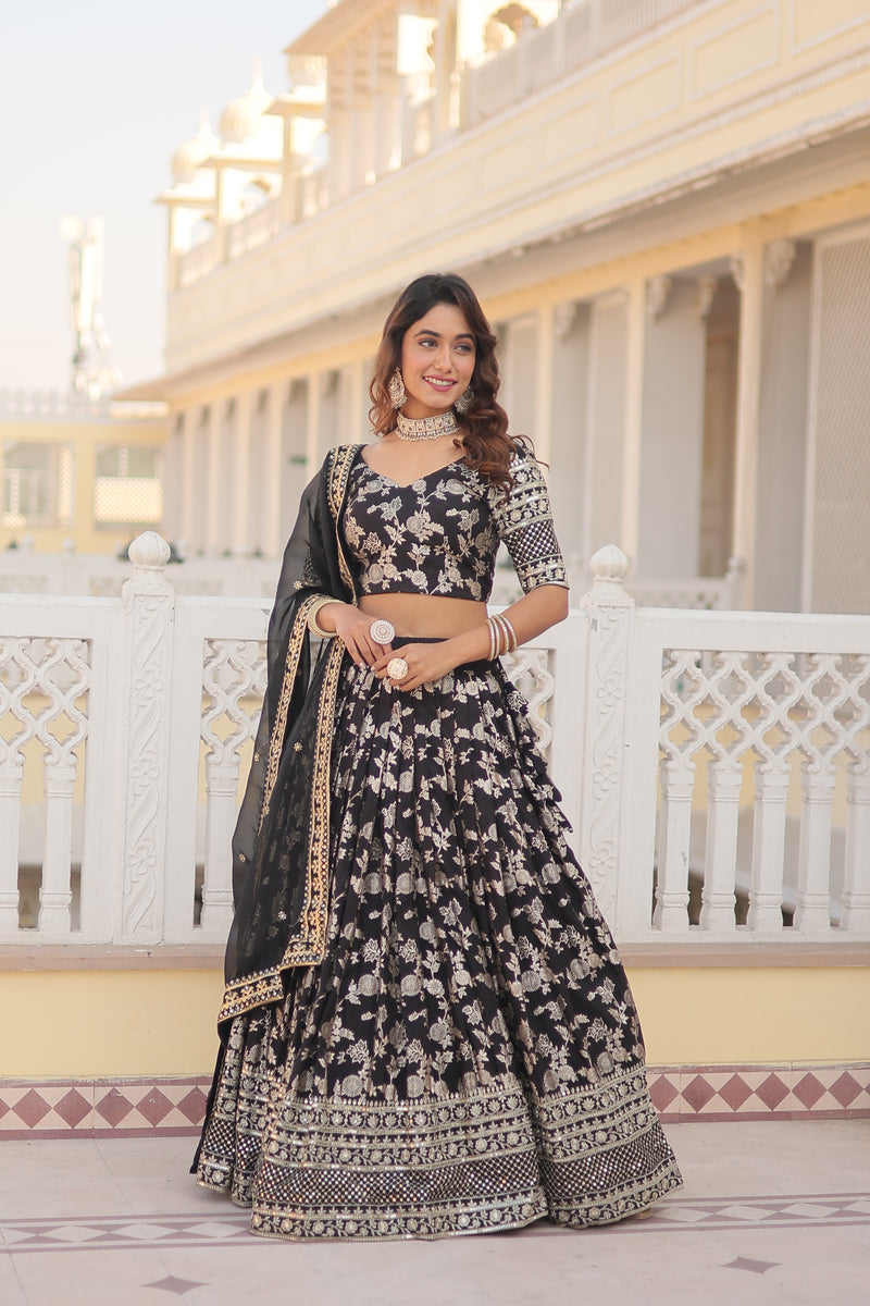 Premium Black Pure Viscose Jacquard Lehenga with Sequins Embroidered Dupatta – Fully Flared