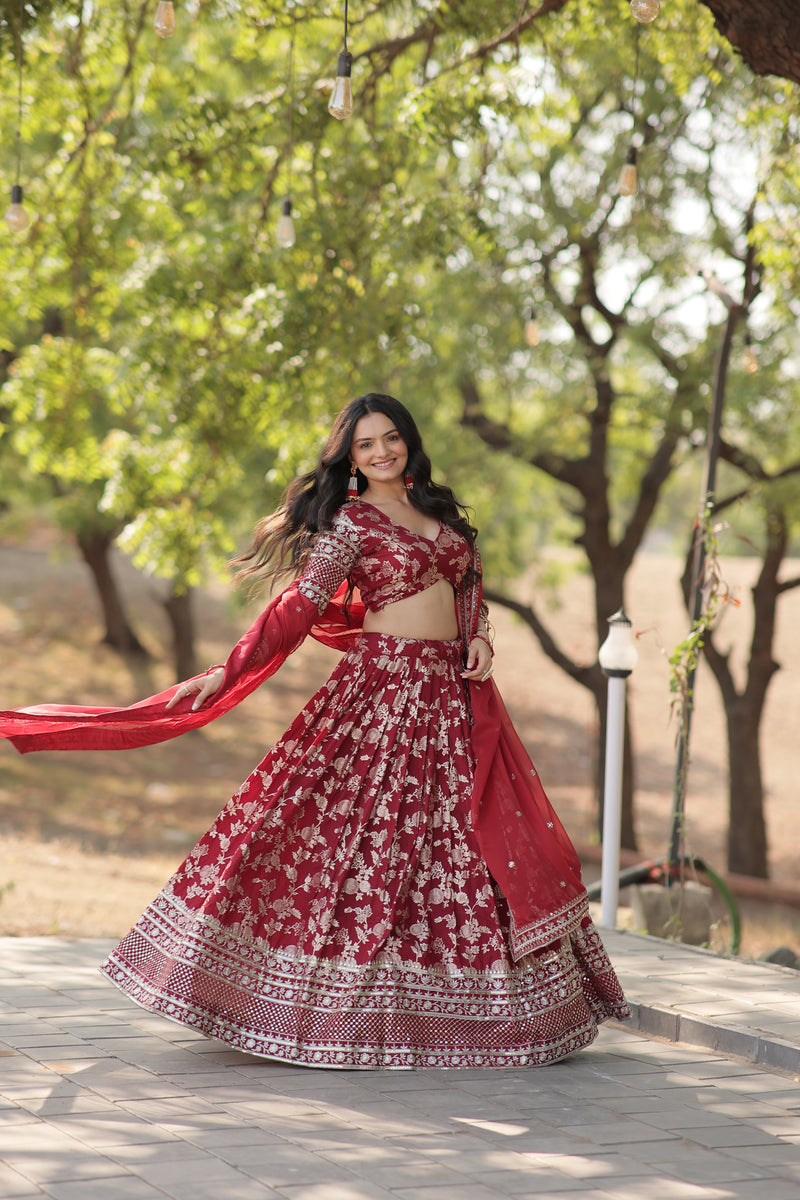 Premium Maroon Pure Viscose Jacquard Lehenga with Sequins Embroidered Dupatta – Fully Flared