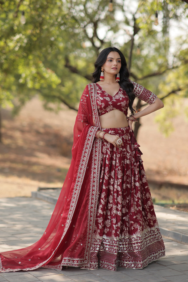 Premium Maroon Pure Viscose Jacquard Lehenga with Sequins Embroidered Dupatta – Fully Flared