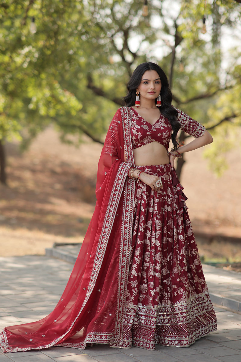 Premium Maroon Pure Viscose Jacquard Lehenga with Sequins Embroidered Dupatta – Fully Flared