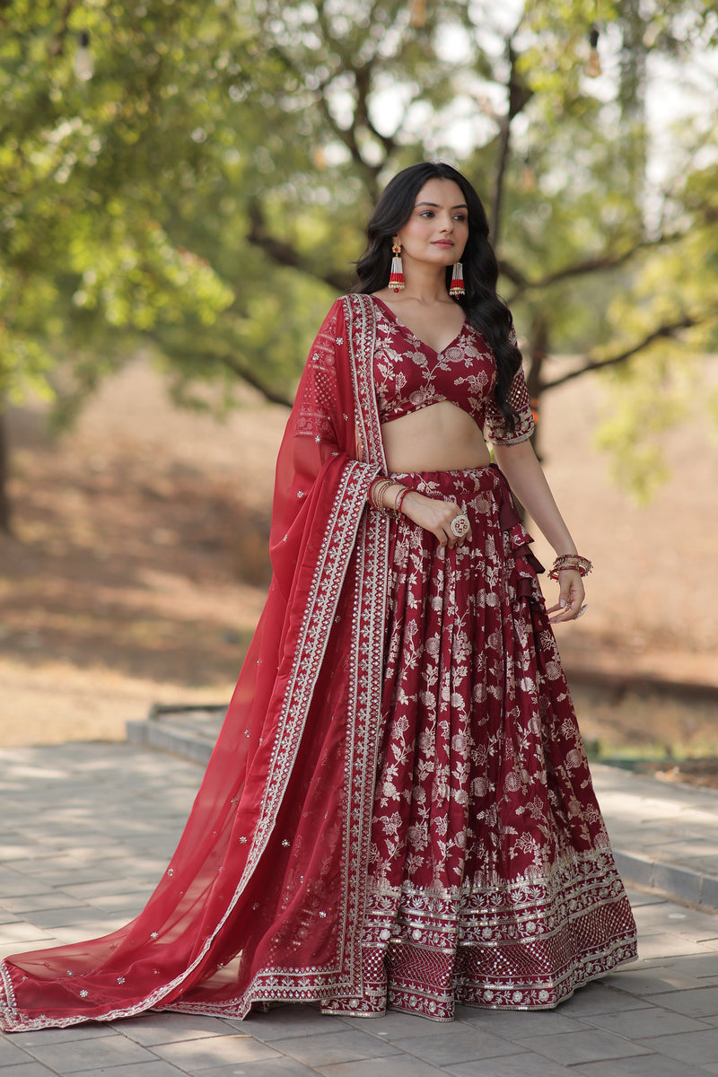 Premium Maroon Pure Viscose Jacquard Lehenga with Sequins Embroidered Dupatta – Fully Flared