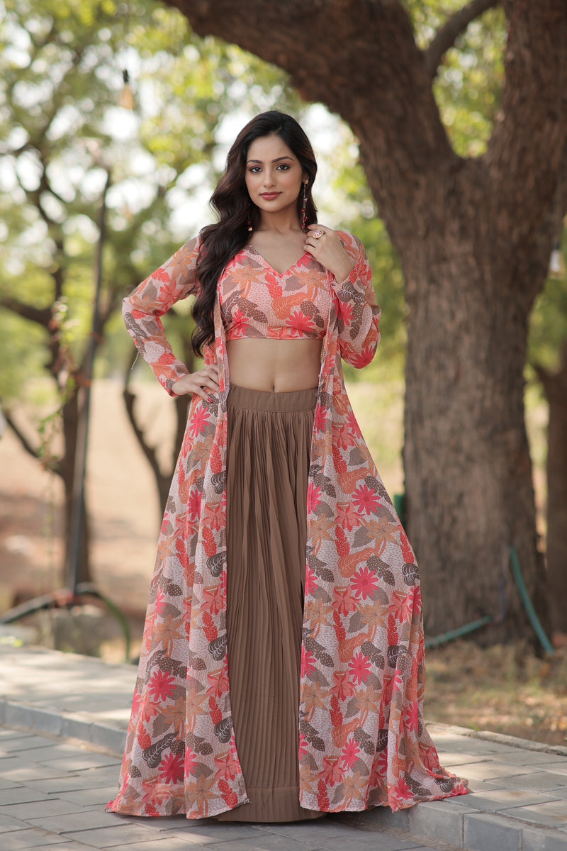 Premium Beige Lehenga Choli with Shrug - Digital Flower Print & Crush Pleating - 2024 Collection