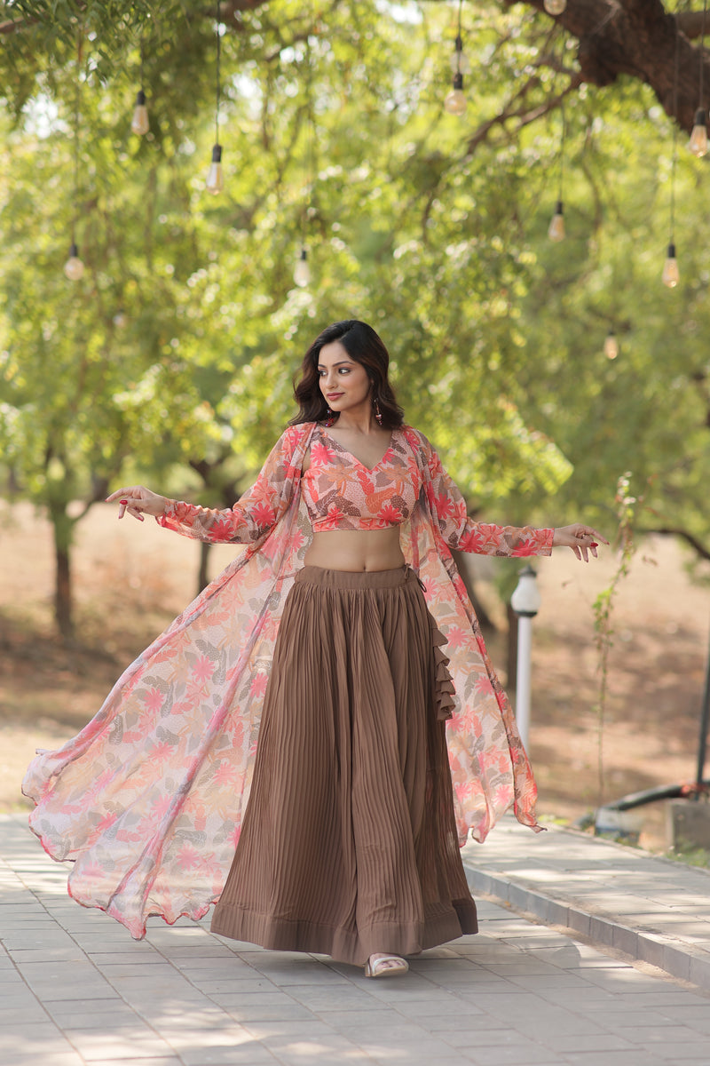 Premium Beige Lehenga Choli with Shrug - Digital Flower Print & Crush Pleating - 2024 Collection