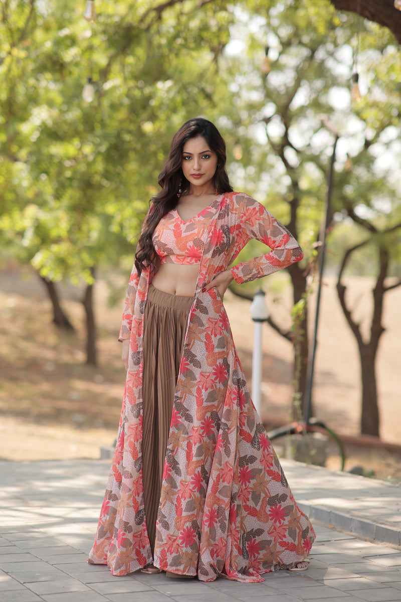 Premium Beige Lehenga Choli with Shrug - Digital Flower Print & Crush Pleating - 2024 Collection