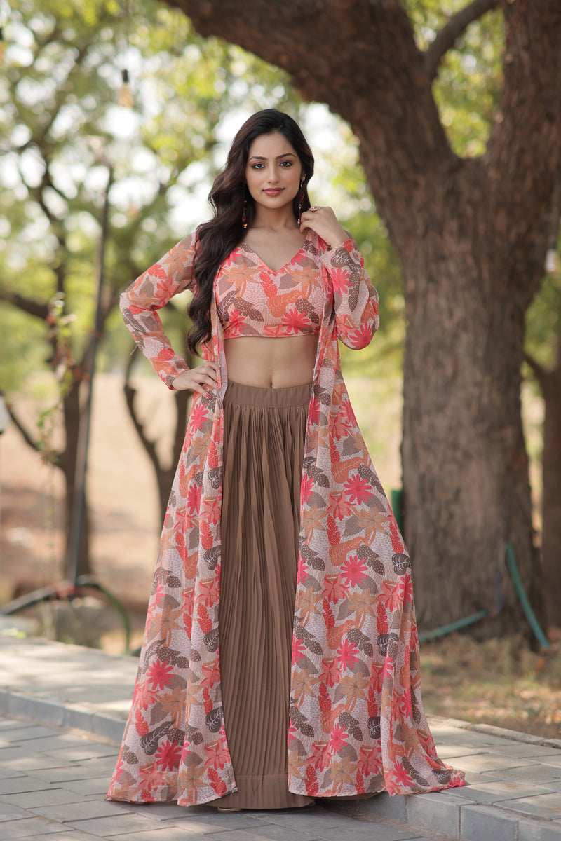 Premium Beige Lehenga Choli with Shrug - Digital Flower Print & Crush Pleating - 2024 Collection