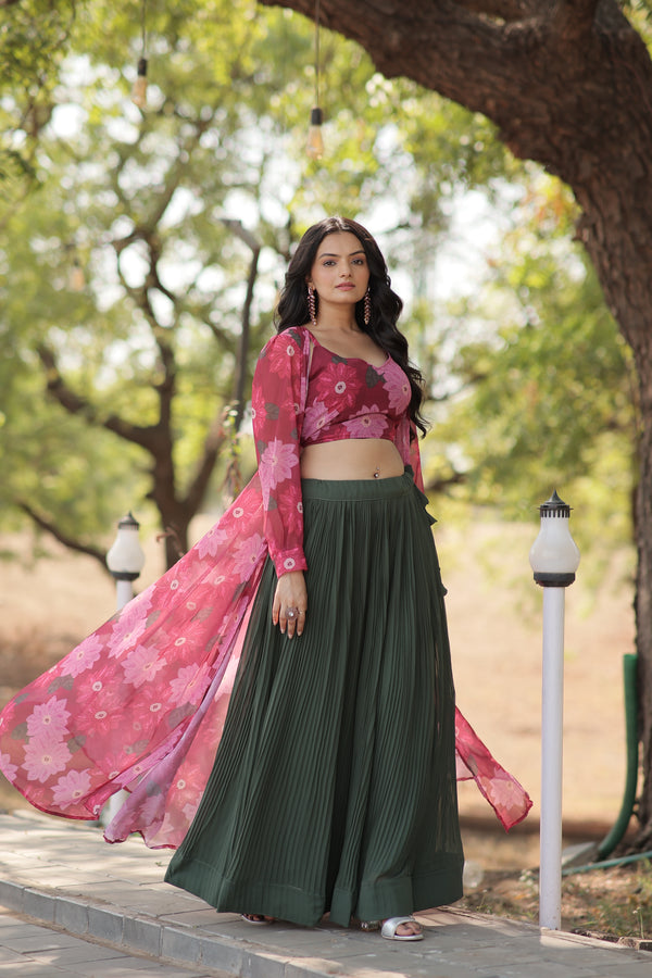 Premium Green Lehenga Choli with Shrug - Digital Flower Print & Crush Pleating - 2024 Collection