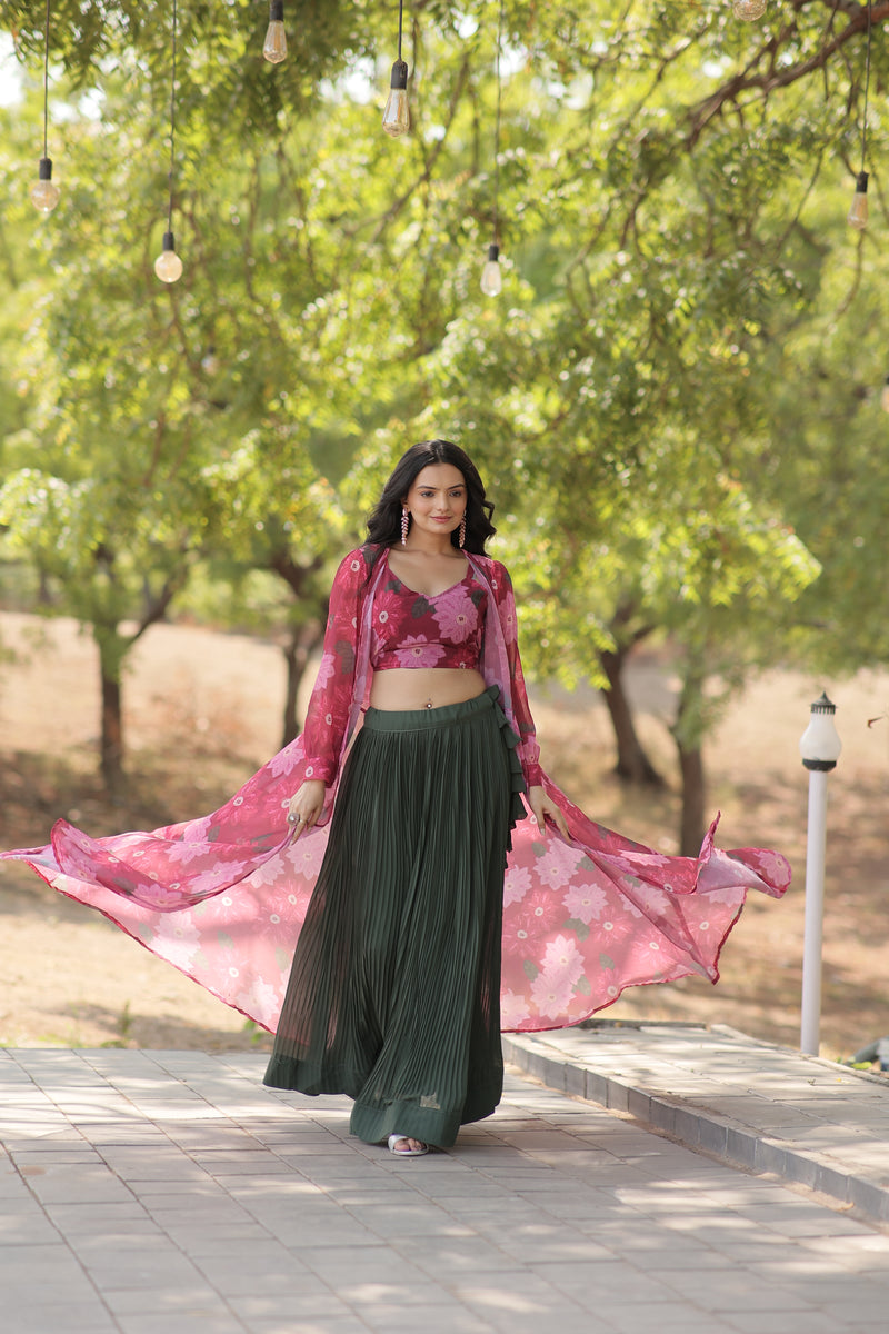 Premium Green Lehenga Choli with Shrug - Digital Flower Print & Crush Pleating - 2024 Collection