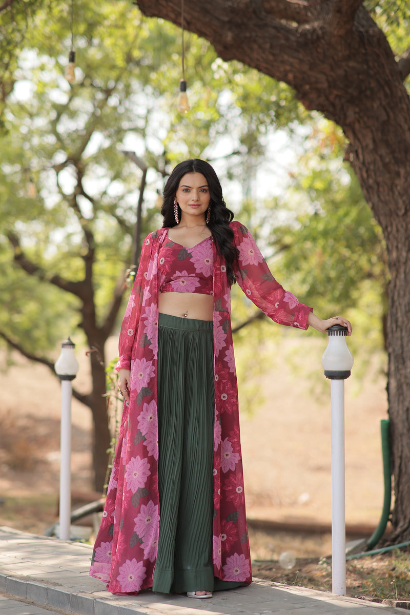 Premium Green Lehenga Choli with Shrug - Digital Flower Print & Crush Pleating - 2024 Collection