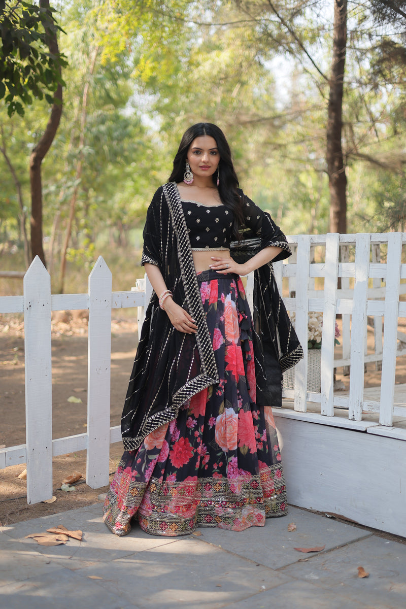 Premium Digital Printed Faux Georgette Lehenga Choli - Sequins & Thread Embroidered with Dupatta - 2024 Collection