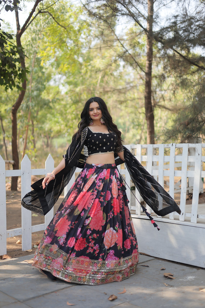 Premium Digital Printed Faux Georgette Lehenga Choli - Sequins & Thread Embroidered with Dupatta - 2024 Collection