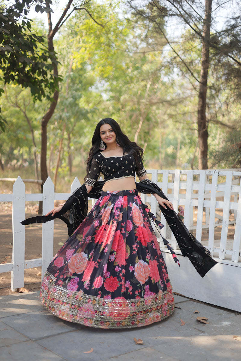 Premium Digital Printed Faux Georgette Lehenga Choli - Sequins & Thread Embroidered with Dupatta - 2024 Collection