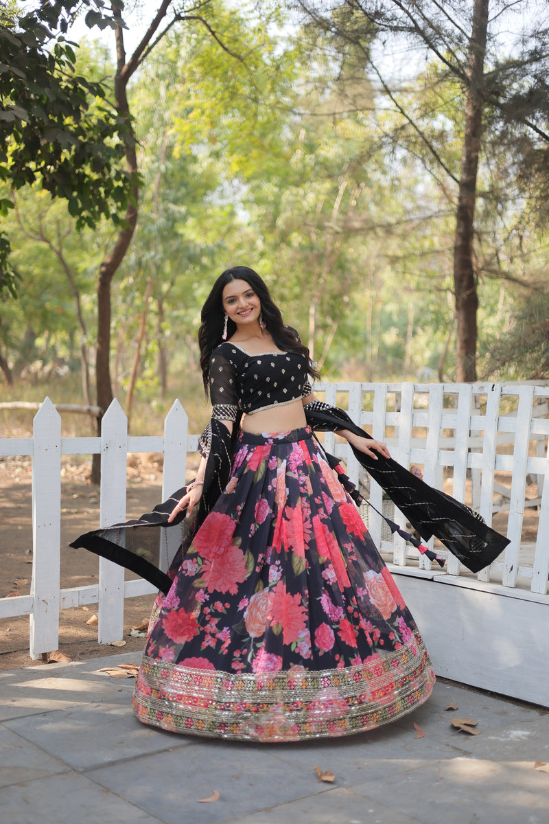 Premium Digital Printed Faux Georgette Lehenga Choli - Sequins & Thread Embroidered with Dupatta - 2024 Collection