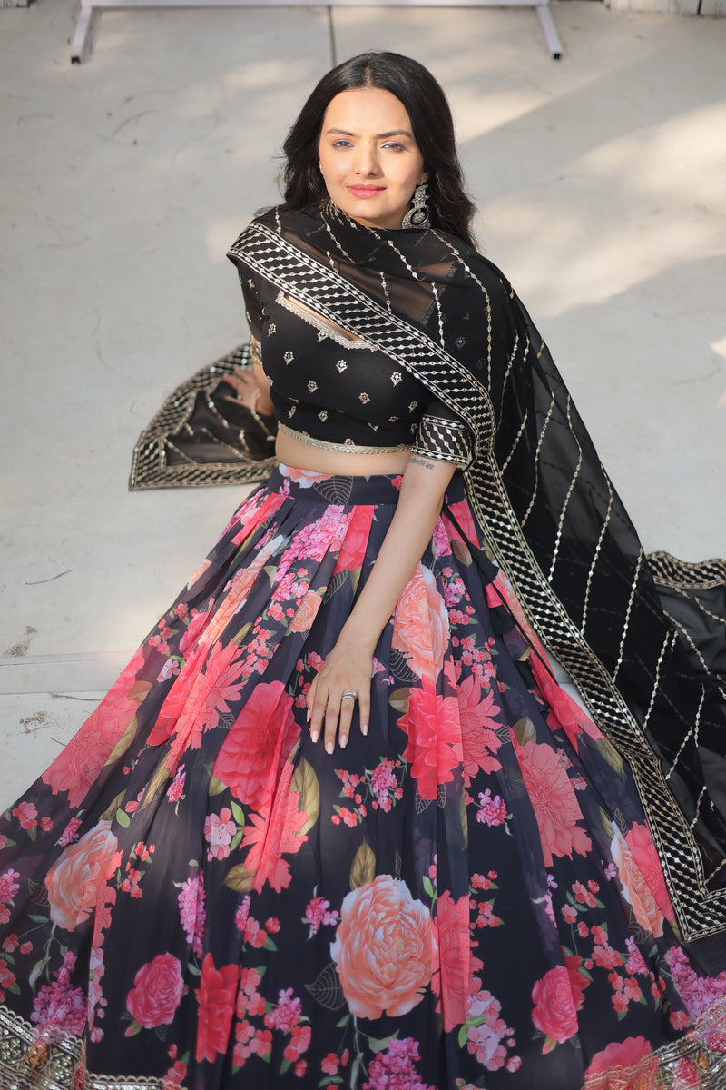 Premium Digital Printed Faux Georgette Lehenga Choli - Sequins & Thread Embroidered with Dupatta - 2024 Collection