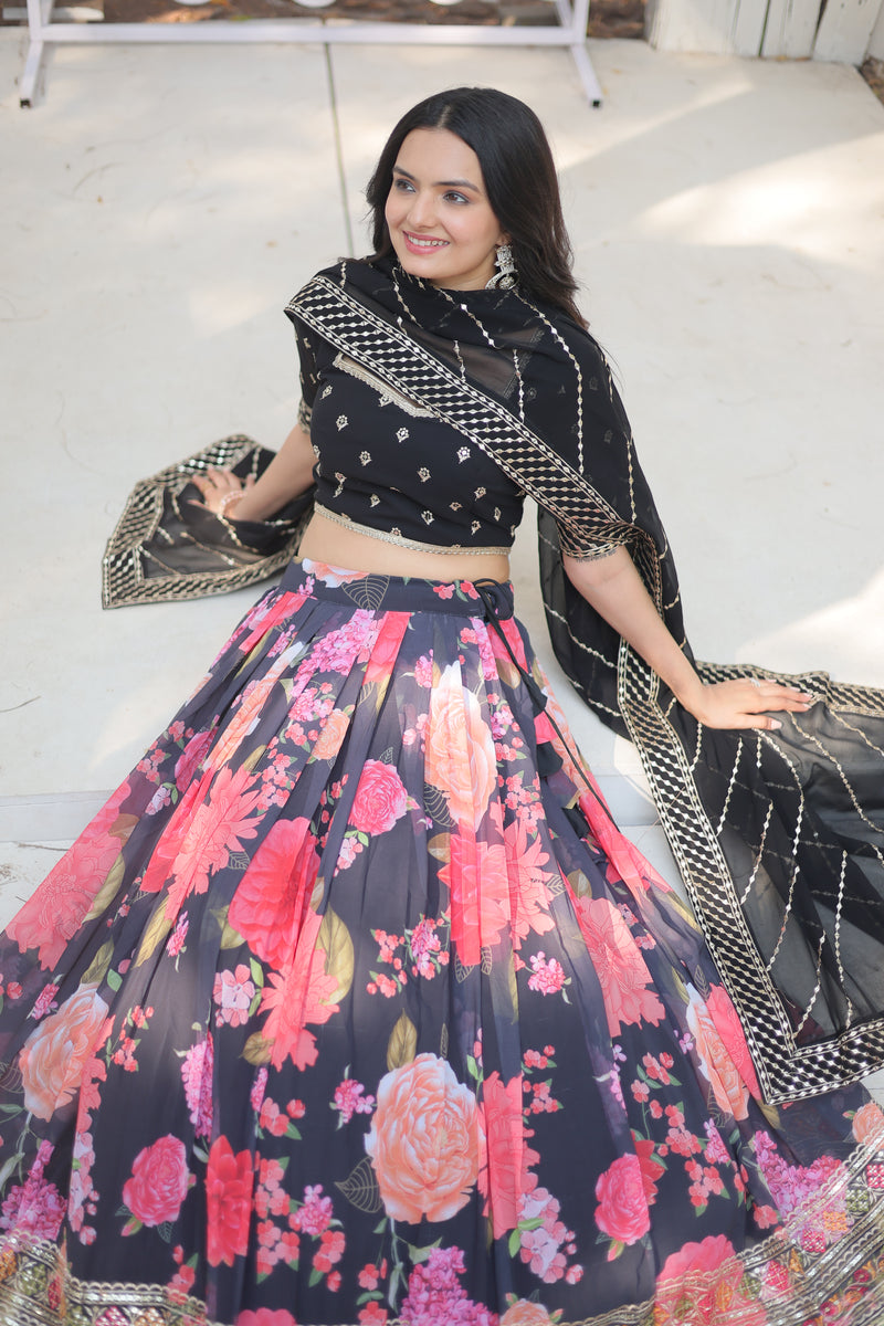 Premium Digital Printed Faux Georgette Lehenga Choli - Sequins & Thread Embroidered with Dupatta - 2024 Collection