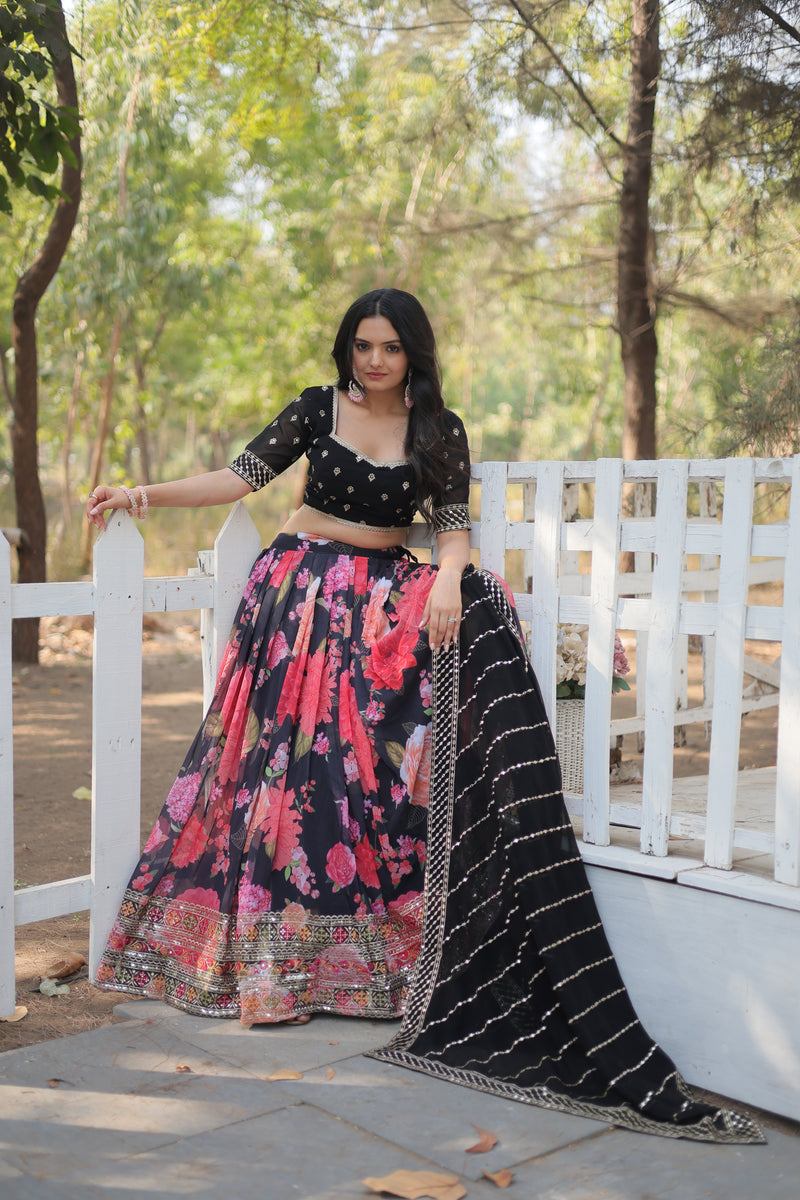 Premium Digital Printed Faux Georgette Lehenga Choli - Sequins & Thread Embroidered with Dupatta - 2024 Collection