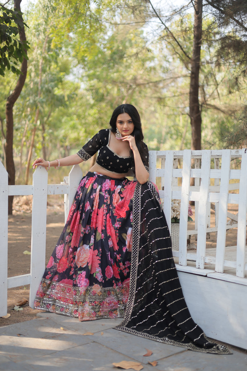 Premium Digital Printed Faux Georgette Lehenga Choli - Sequins & Thread Embroidered with Dupatta - 2024 Collection