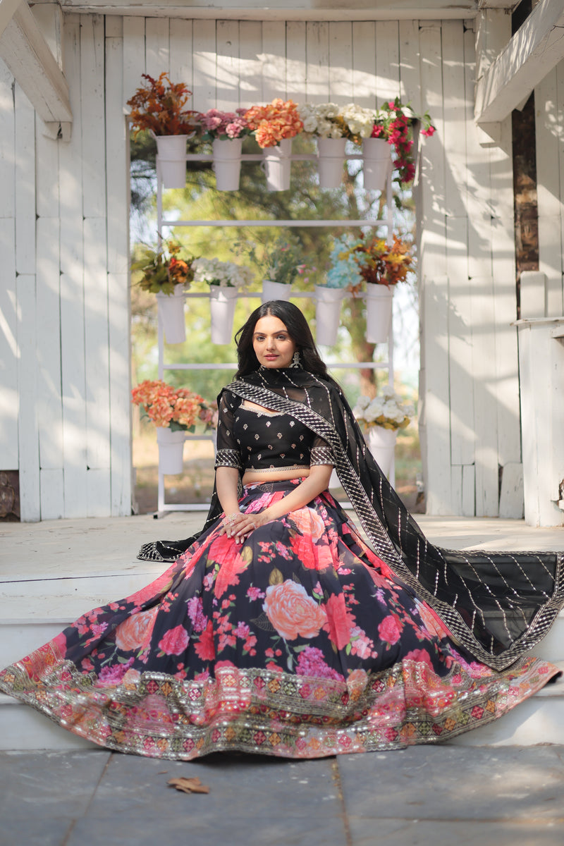 Premium Digital Printed Faux Georgette Lehenga Choli - Sequins & Thread Embroidered with Dupatta - 2024 Collection