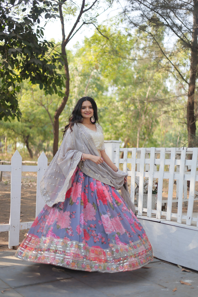 Premium Digital Printed Georgette Lehenga Choli with Sequins and Embroidered Dupatta – Designer Elegance