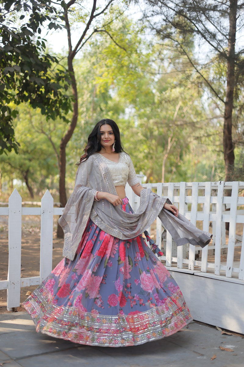 Premium Digital Printed Georgette Lehenga Choli with Sequins and Embroidered Dupatta – Designer Elegance