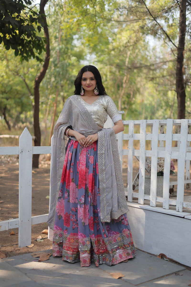 Premium Digital Printed Georgette Lehenga Choli with Sequins and Embroidered Dupatta – Designer Elegance