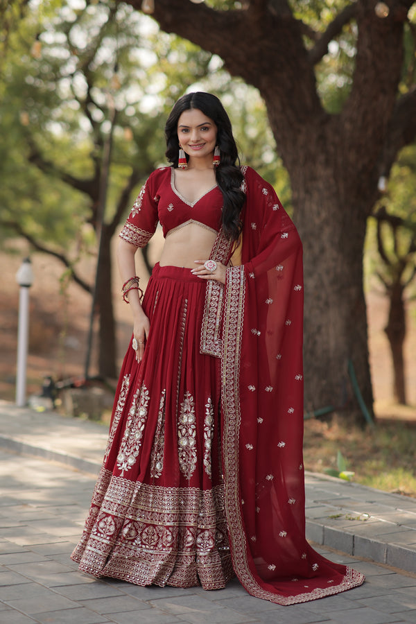 Premium Maroon Embroidered Faux Georgette Lehenga Choli with Dupatta - 2024 Collection