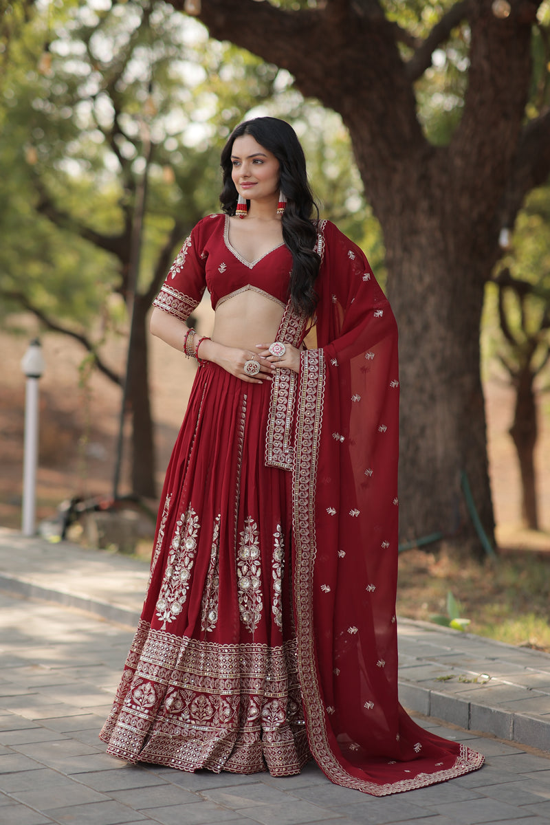 Premium Maroon Embroidered Faux Georgette Lehenga Choli with Dupatta - 2024 Collection