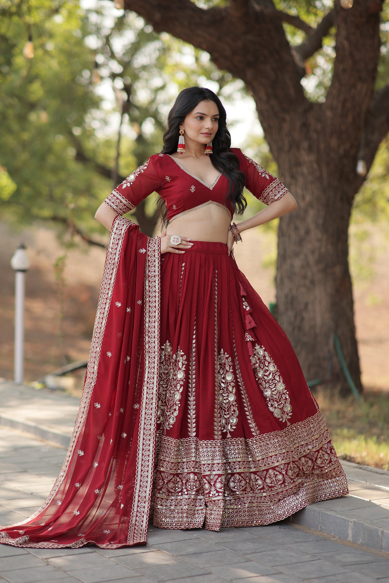 Premium Maroon Embroidered Faux Georgette Lehenga Choli with Dupatta - 2024 Collection