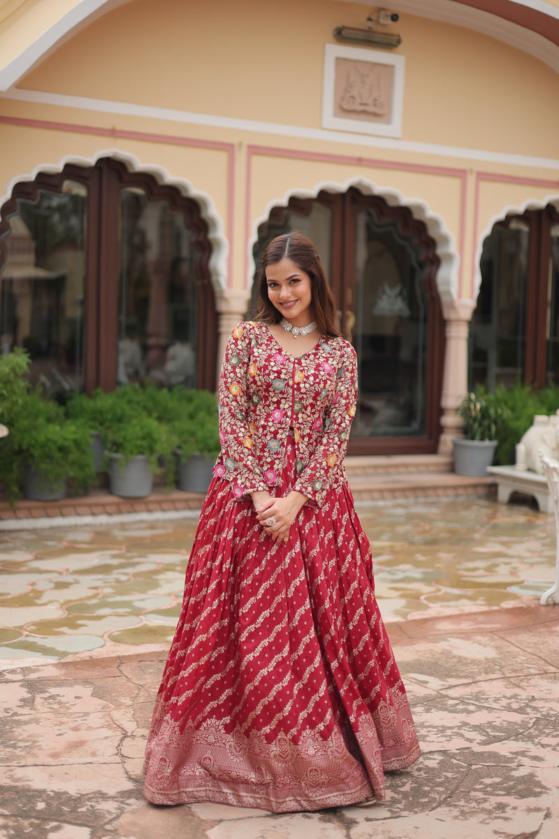 Elegant Maroon Sequins Embroidered Co-ord Set with Lehenga & Designer Blouse