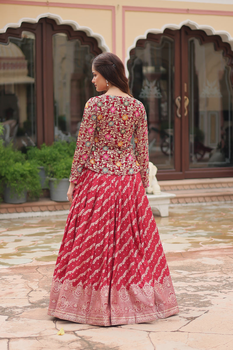 Elegant Maroon Sequins Embroidered Co-ord Set with Lehenga & Designer Blouse