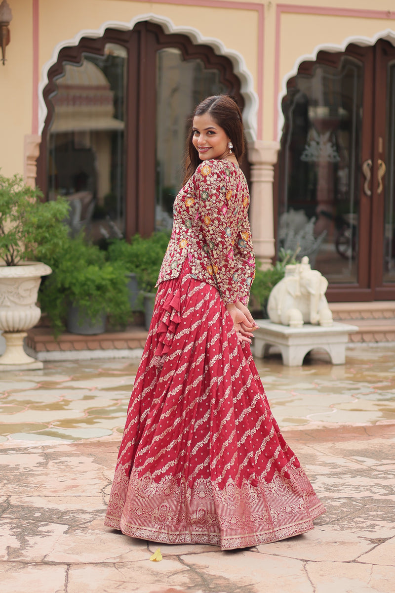 Elegant Maroon Sequins Embroidered Co-ord Set with Lehenga & Designer Blouse