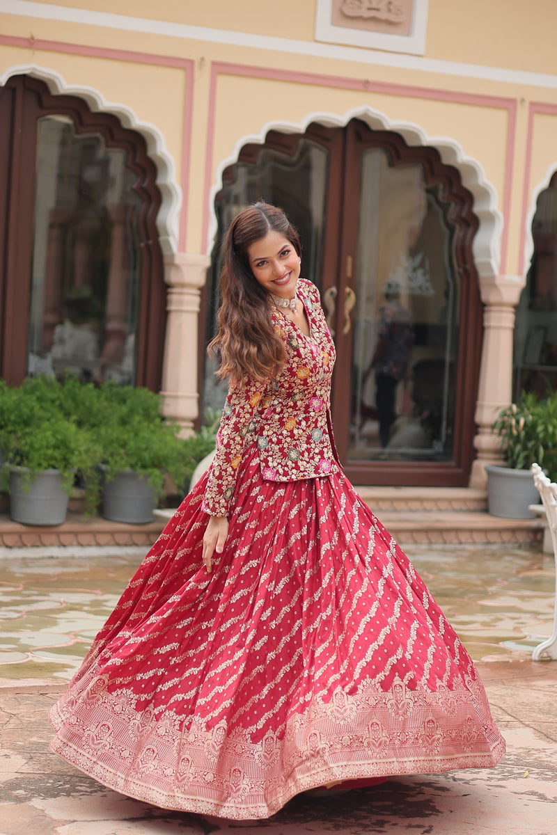 Elegant Maroon Sequins Embroidered Co-ord Set with Lehenga & Designer Blouse