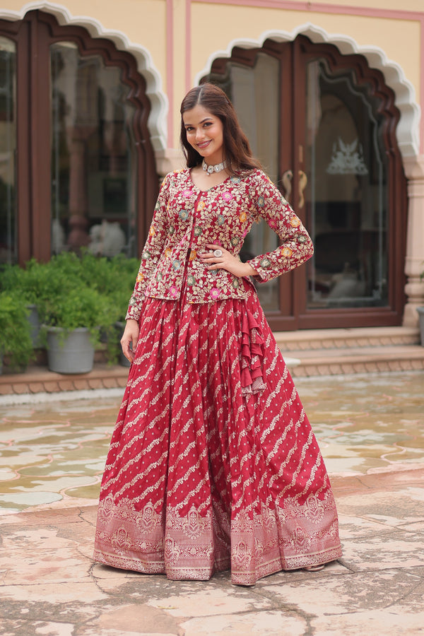 Elegant Maroon Sequins Embroidered Co-ord Set with Lehenga & Designer Blouse