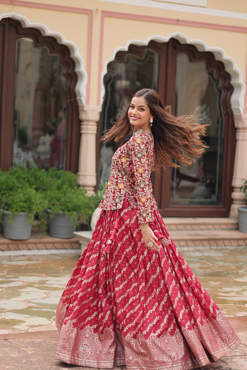 Elegant Maroon Sequins Embroidered Co-ord Set with Lehenga & Designer Blouse