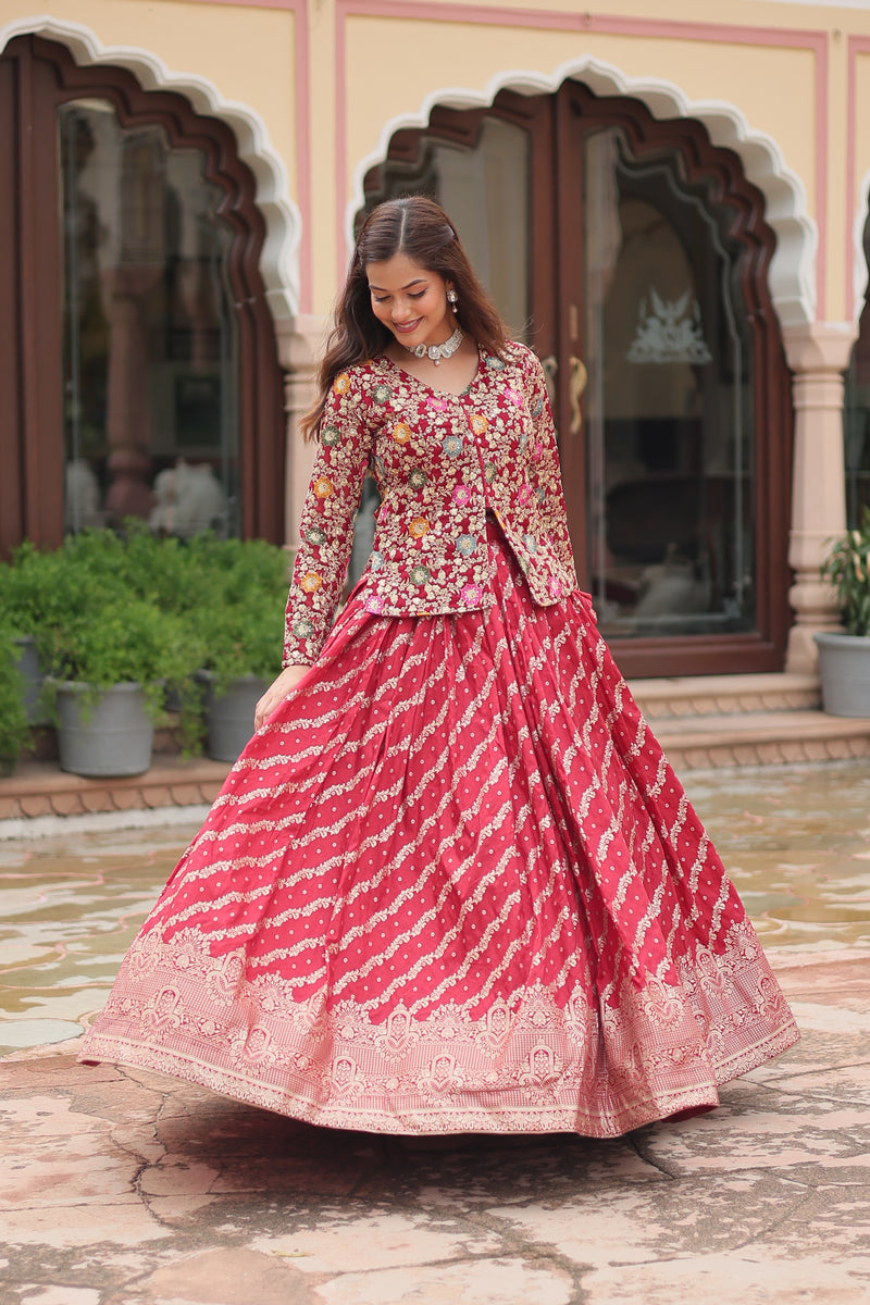 Elegant Maroon Sequins Embroidered Co-ord Set with Lehenga & Designer Blouse