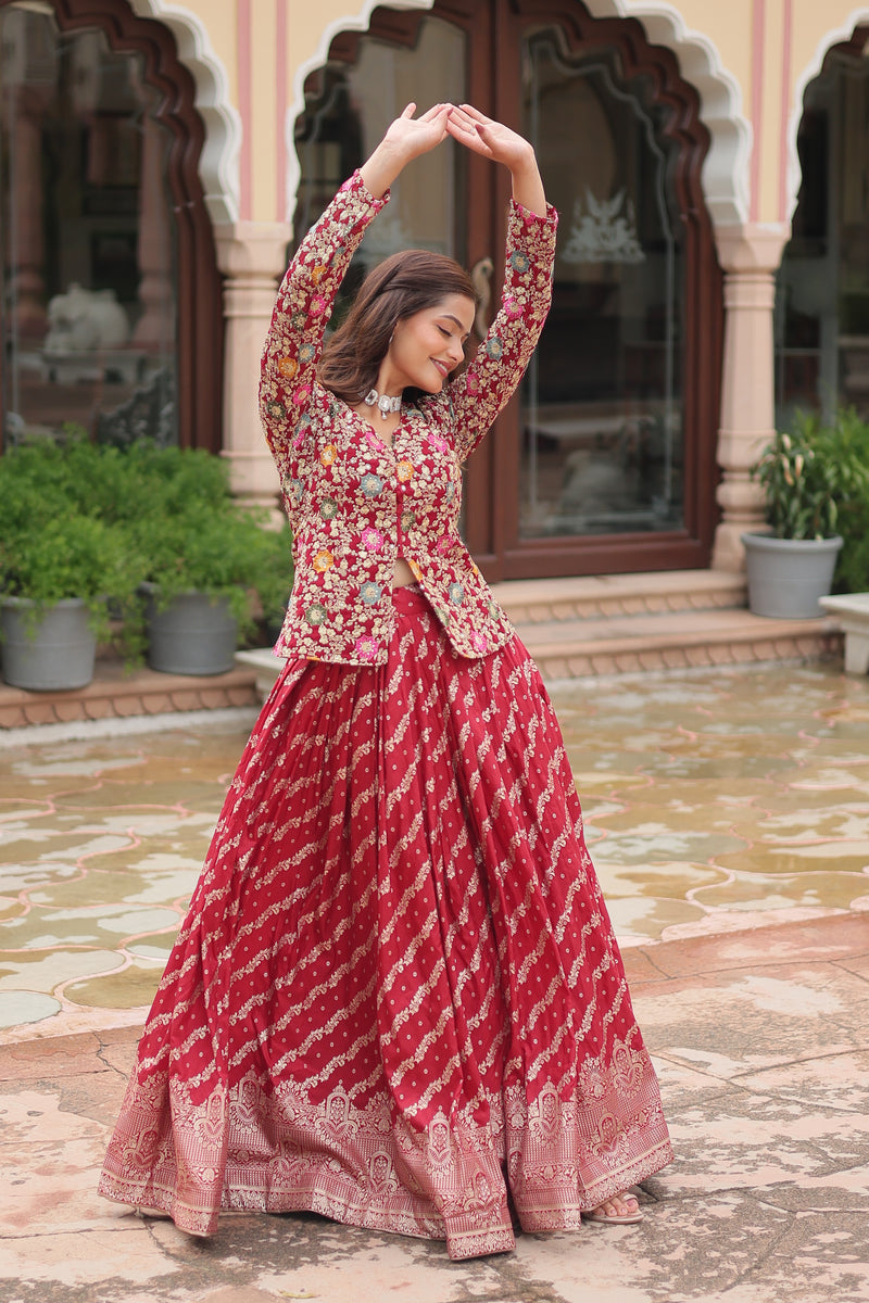 Elegant Maroon Sequins Embroidered Co-ord Set with Lehenga & Designer Blouse