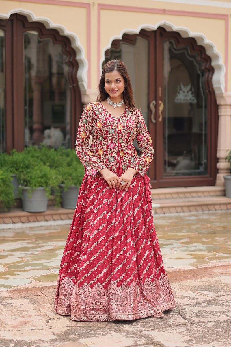 Elegant Maroon Sequins Embroidered Co-ord Set with Lehenga & Designer Blouse